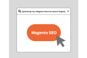 The image depicts a computer browser window with a search bar at the top that reads "Optimizing Your Magento Store for Search Engines".