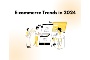 Illustration of people engaging in e-commerce activities on mobile devices, highlighting key trends in online shopping for 2024