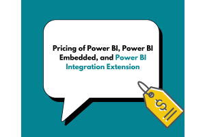 A graphic illustrating the pricing options for Power BI, Power BI Embedded, and Power BI Integration Extension, with a price tag symbol highlighting costs.