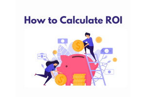 Illustration of people calculating ROI with coins and a piggy bank, representing return on investment. 