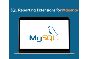 A laptop displaying the MySQL logo on its screen. The text above the laptop reads "SQL Reporting Extensions for Magento" with "Magento" highlighted in orange.