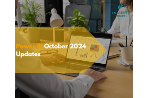 A person working on a Power BI dashboard on a laptop with the title "Power BI October 2024 Updates" overlaid.