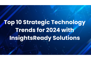 A vibrant blue digital background with geometric shapes and subtle light effects, showcasing the title "Top 10 Strategic Technology Trends for 2024 with InsightsReady Solutions.
