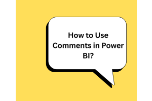 Discussion bubble on a yellow background with the question 'How to Use Comments in Power BI?' representing the interactive feature of Power BI that enhances team communication and data analysis.
