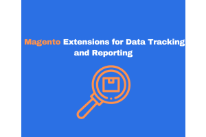 Magnifying glass over a package icon representing Magento extensions for data tracking and reporting on a blue background