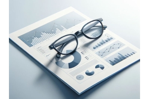 Professional glasses resting on a business report with charts and graphs, symbolizing clarity and insight in business analytics.