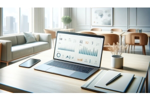 Laptop on office table displaying BI dashboard with white background