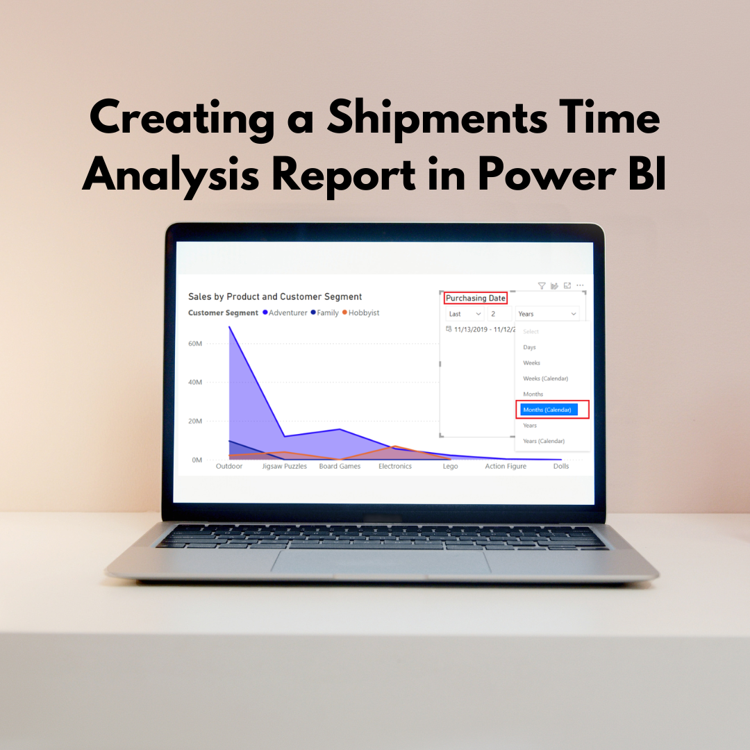 A laptop on a white desk displays a Power BI dashboard titled "Creating a Shipments Time Analysis Report in Power BI." 