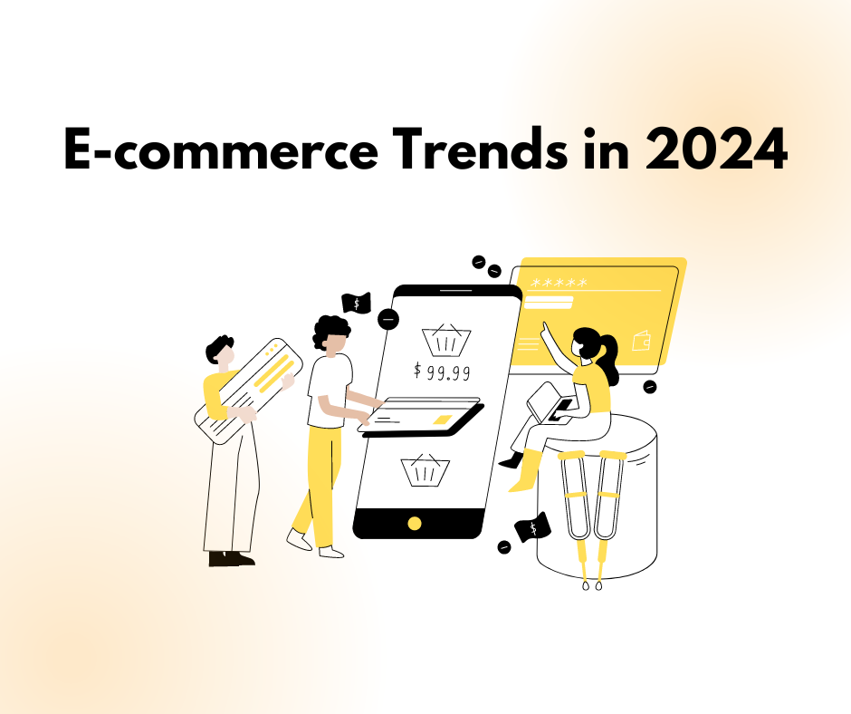 Illustration of people engaging in e-commerce activities on mobile devices, highlighting key trends in online shopping for 2024