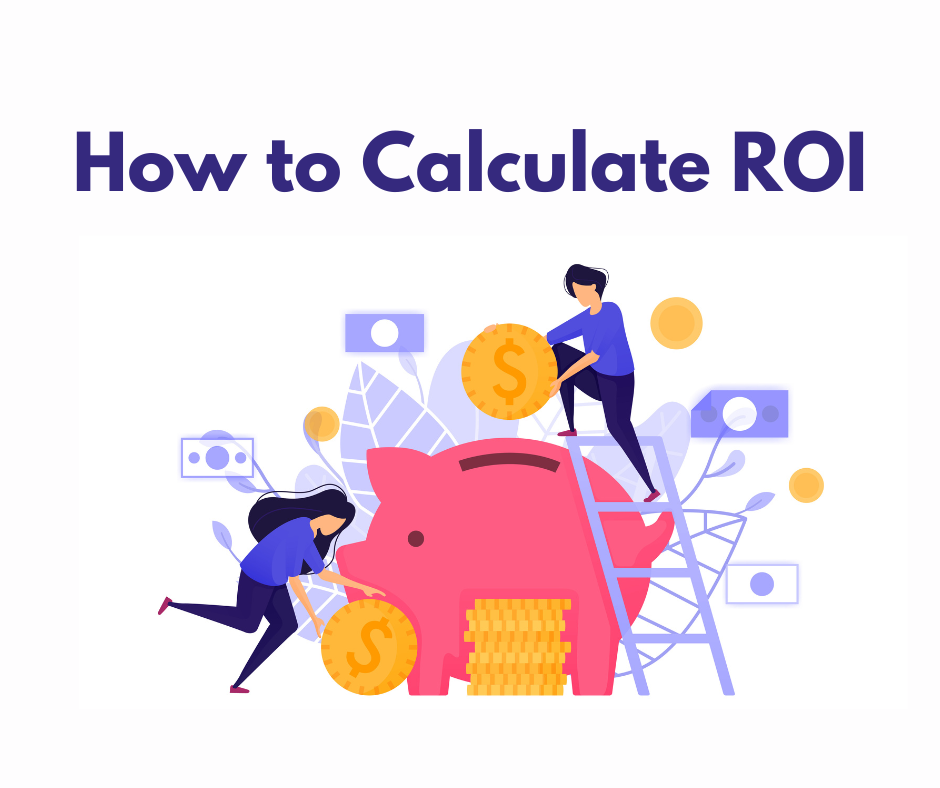 Illustration of people calculating ROI with coins and a piggy bank, representing return on investment. 