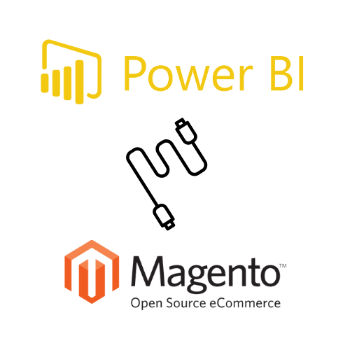 The image is a graphic with logos representing an integration between Power BI, depicted with its distinctive yellow bar chart logo, and Magento, represented by its characteristic orange hexagon logo with the text "Open Source eCommerce" beneath it. 