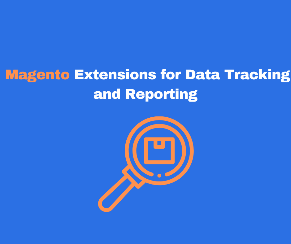 Magnifying glass over a package icon representing Magento extensions for data tracking and reporting on a blue background