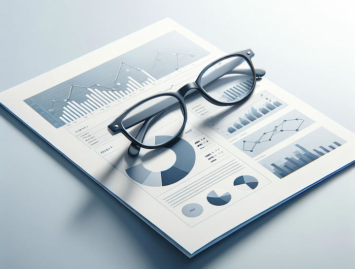 Professional glasses resting on a business report with charts and graphs, symbolizing clarity and insight in business analytics.