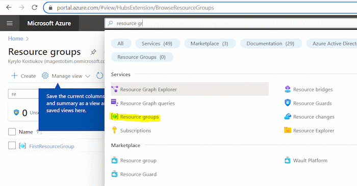 Opening Resource Groups settings in Microsoft
Azure