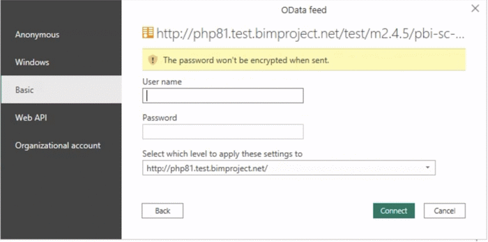 OData feed window inside the "Get data" section in the Power BI
platform