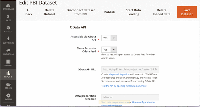 OData API section inside the PBI Dataset section in the Magento
platform
