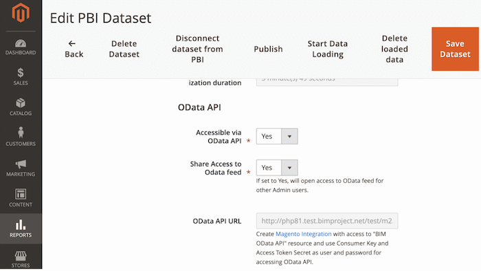 OData API section inside the Power BI Dataset in Magento
Platform
