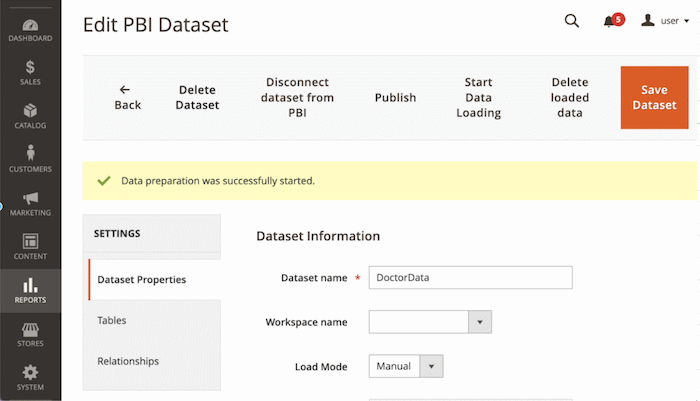 Dataset Properties section inside the PBI Datset in Magento
Platform