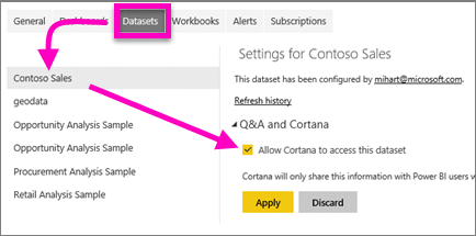 Allowing Cortana to access to a
dataset