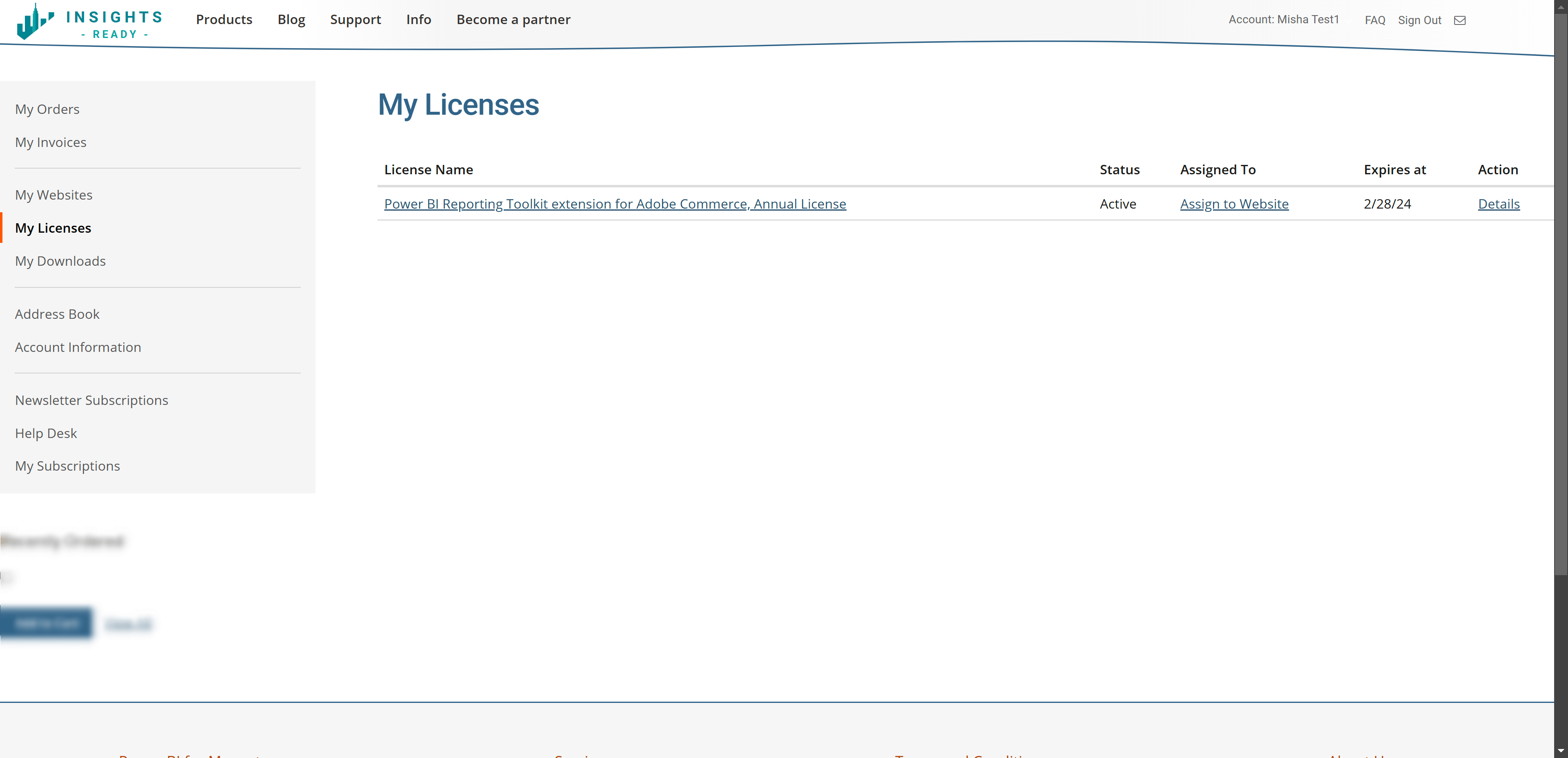 Insights Ready Account -- My Licenses
page