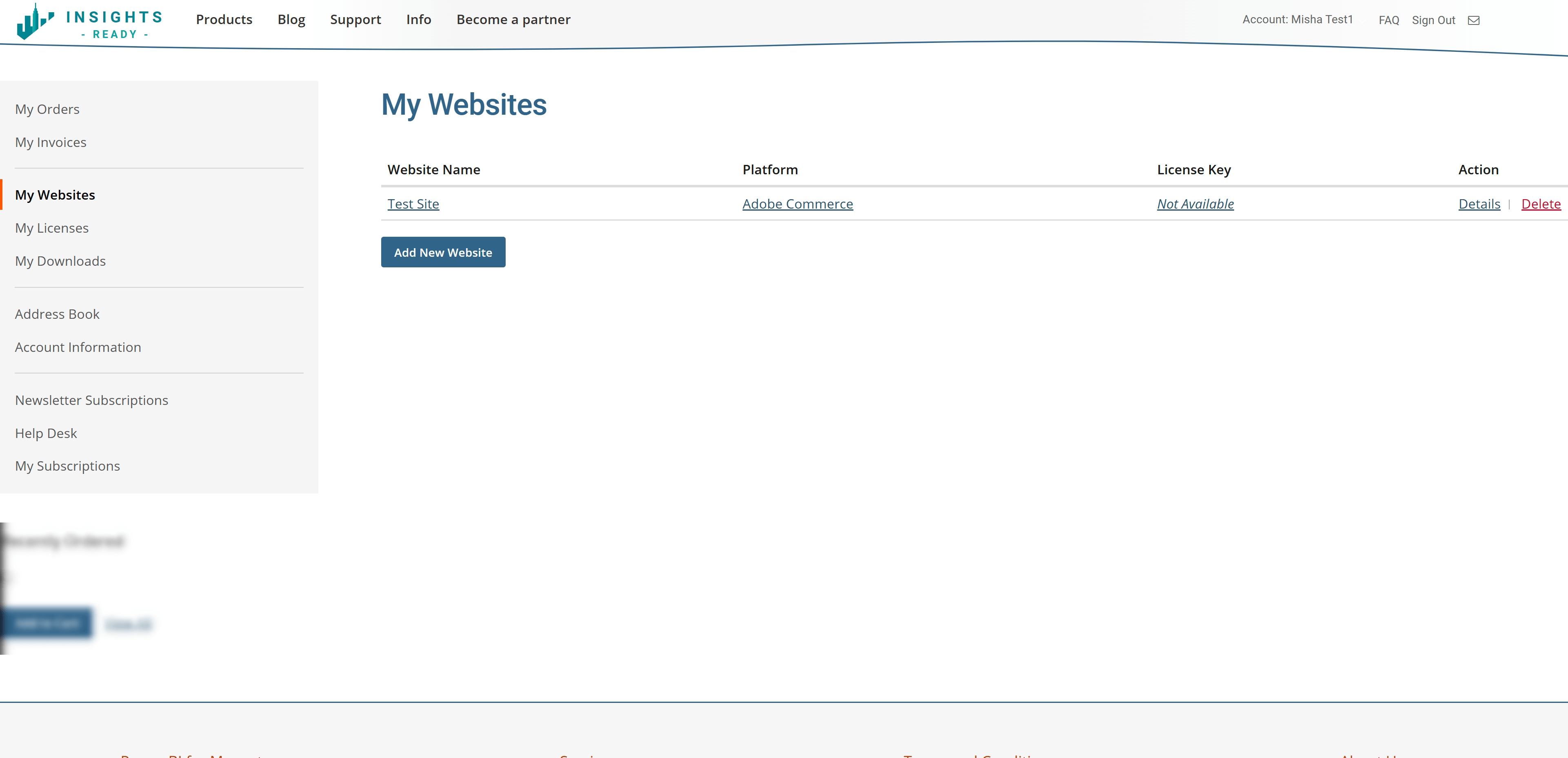 Insights Ready Account - My Websites
page