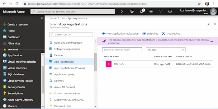 Example of an App registration record in Azure AD