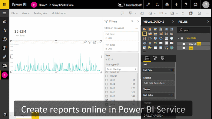 Creation of a report in Power BI Service based on Sales Cube data from Magento